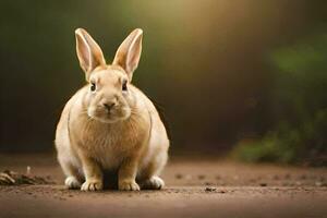 a rabbit sitting on the ground in front of a green background. AI-Generated photo