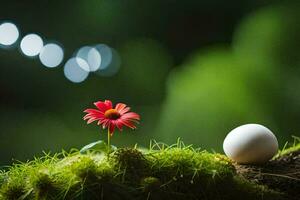 a flower and an egg on a mossy ground. AI-Generated photo