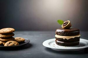 chocolate pastel con galletas en un lámina. generado por ai foto