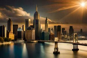 the sun shines over the city skyline in new york. AI-Generated photo