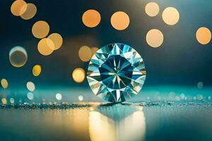 a diamond on a table with bokeh lights. AI-Generated photo