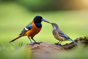 un pájaro y un pájaro son en pie en un rama. generado por ai foto