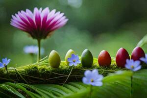 colorful eggs are arranged in a row with blue flowers. AI-Generated photo
