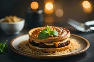 a hamburger with cheese and vegetables on a plate. AI-Generated photo