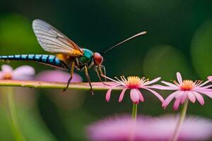 a colorful insect is sitting on a pink flower. AI-Generated photo