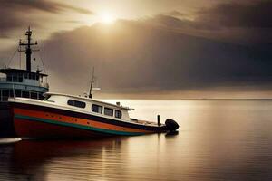 a boat is docked in the water with a cloudy sky. AI-Generated photo