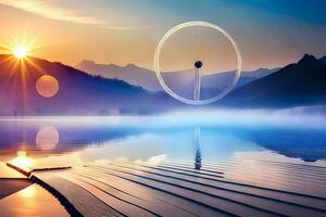 a wheel is sitting on the water in front of a mountain. AI-Generated photo