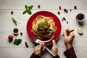 a person's hands are holding a plate of spaghetti with tomatoes and basil. AI-Generated photo
