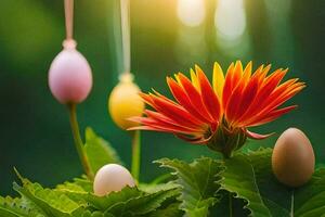 Pascua de Resurrección huevos y flores en un florero. generado por ai foto