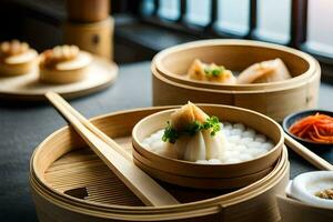 a bamboo steamer with food and chopsticks. AI-Generated photo