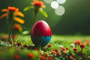 an easter egg is sitting in the grass with flowers. AI-Generated photo