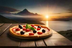 a pizza on a wooden table with a view of the mountains. AI-Generated photo