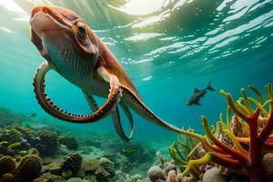 un pulpo nadando en el Oceano con coral. generado por ai foto