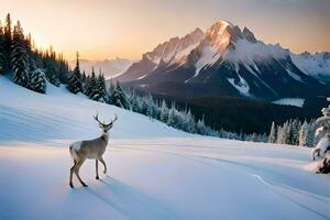 a deer stands in the snow in front of a mountain. AI-Generated photo