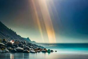 a beautiful sunset over the ocean with rocks and water. AI-Generated photo