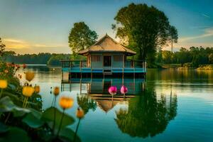 a small house sits on the edge of a lake with flowers. AI-Generated photo