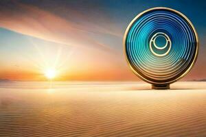 a circular object in the desert with the sun in the background. AI-Generated photo