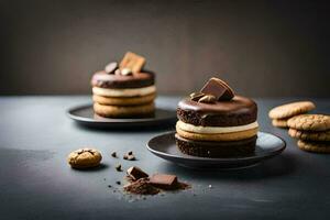 two chocolate cakes with cookies on a dark table. AI-Generated photo