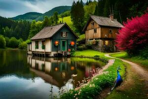 a house and a pond in the middle of a forest. AI-Generated photo
