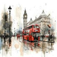 London street with red bus in rainy day sketch illustration photo