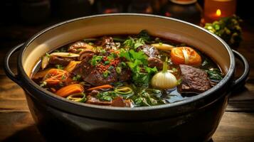 A Delicious Beef Broth with Bone-in Beef, Charred Vegetables, Garlic, and Spices photo