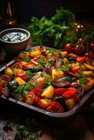 Delicious Roasted Fruits and Vegetables on a Rustic Wood photo