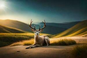 a deer sits on the ground in front of a mountain. AI-Generated photo