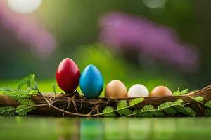 Pascua de Resurrección huevos en un rama. generado por ai foto