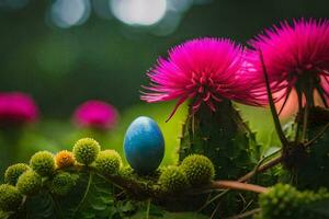 a blue egg sitting on top of a pink flower. AI-Generated photo