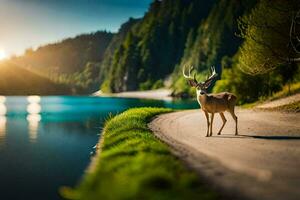 a deer stands on the side of a road near a lake. AI-Generated photo