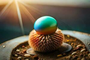 a colorful ball sits on top of a plant. AI-Generated photo