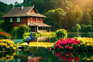 beautiful peacock in the lake with flowers and house. AI-Generated photo