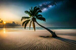 el puesta de sol terminado el playa con palma árbol. generado por ai foto