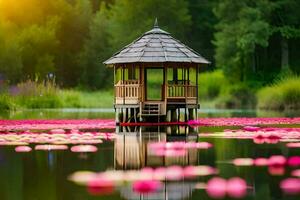 un Kiosko se sienta en el borde de un estanque rodeado por rosado flores generado por ai foto