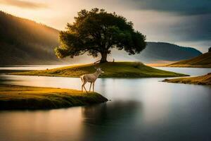 a deer stands on a small island in the middle of a lake. AI-Generated photo