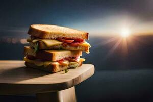 a sandwich with cheese and tomatoes on a wooden table. AI-Generated photo