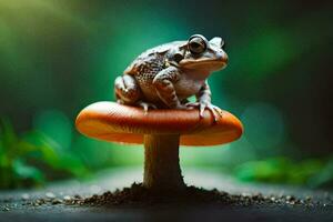 a frog sits on top of a mushroom. AI-Generated photo