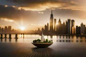 a small bowl with a tree in it sitting on a table in front of a city skyline. AI-Generated photo