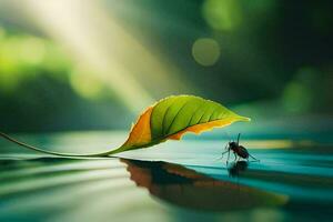 a bug is sitting on a leaf in the water. AI-Generated photo