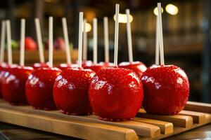 delicioso vidriado rojo caramelo caramelo manzanas en palos foto