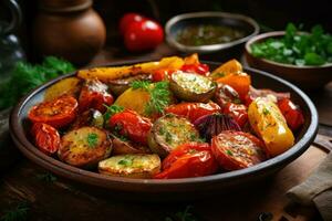 Delicious Roasted Fruits and Vegetables on a Rustic Wood photo