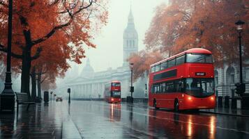 Londres calle con rojo autobús en lluvioso día bosquejo ilustración foto