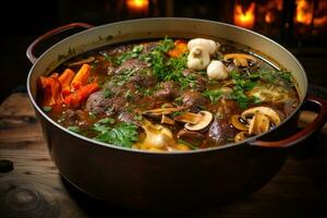 A Delicious Beef Broth with Bone-in Beef, Charred Vegetables, Garlic, and Spices photo