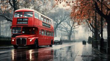 London street with red bus in rainy day sketch illustration photo