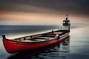 a red boat floating in the water at sunset. AI-Generated photo