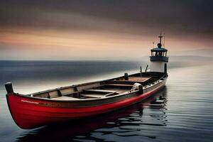 un rojo barco flotante en el agua a puesta de sol. generado por ai foto