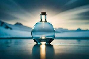 un botella de agua sentado en el suelo en frente de un montaña. generado por ai foto