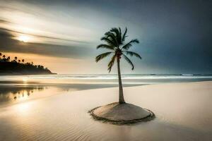 a lone palm tree stands on the beach at sunset. AI-Generated photo