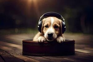 a puppy wearing headphones sits in a box. AI-Generated photo