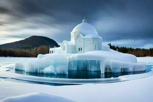 un Iglesia en el medio de un hielo cubierto lago. generado por ai foto